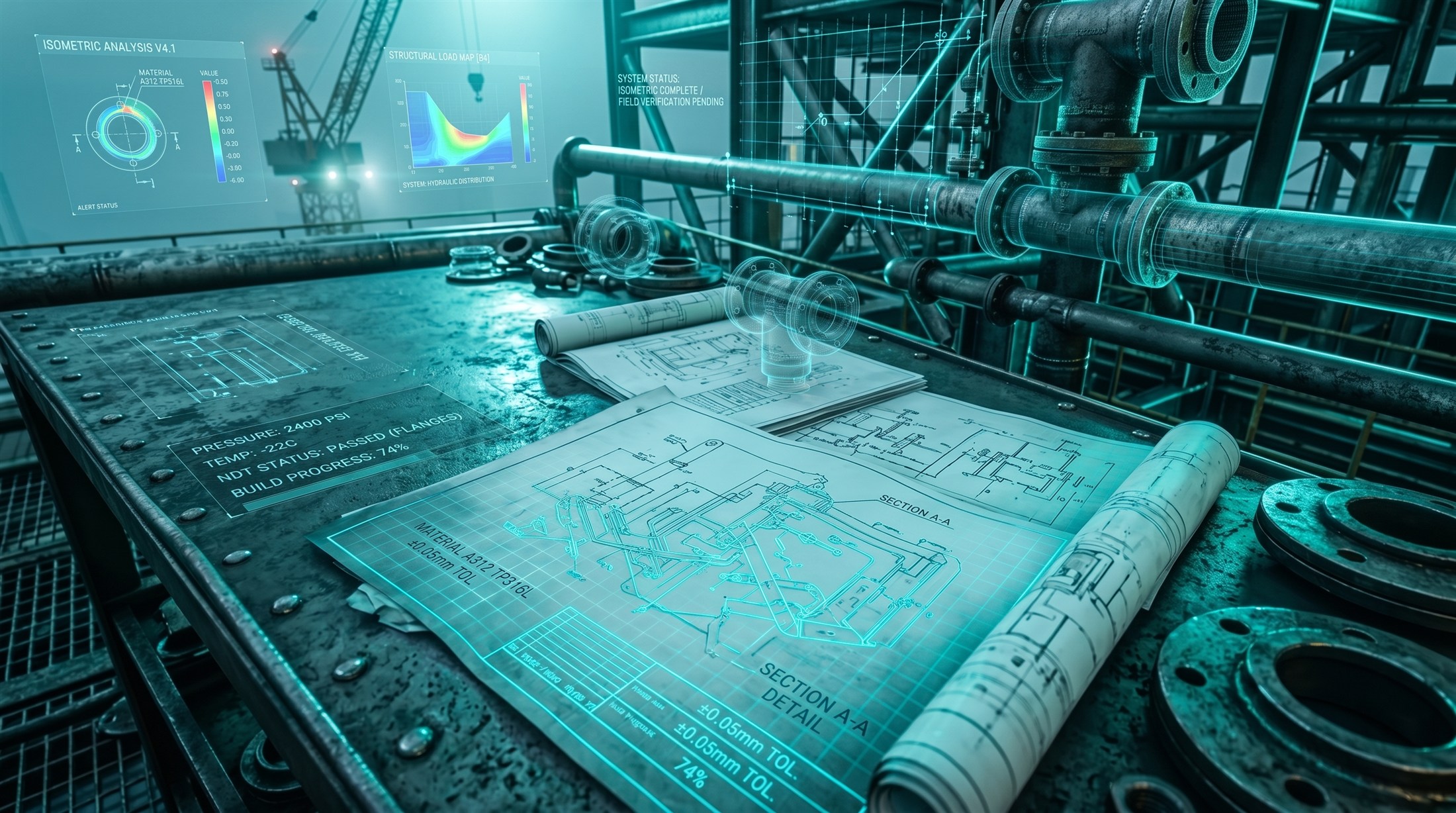 Detailed piping isometric engineering drawing laid out on a construction site desk