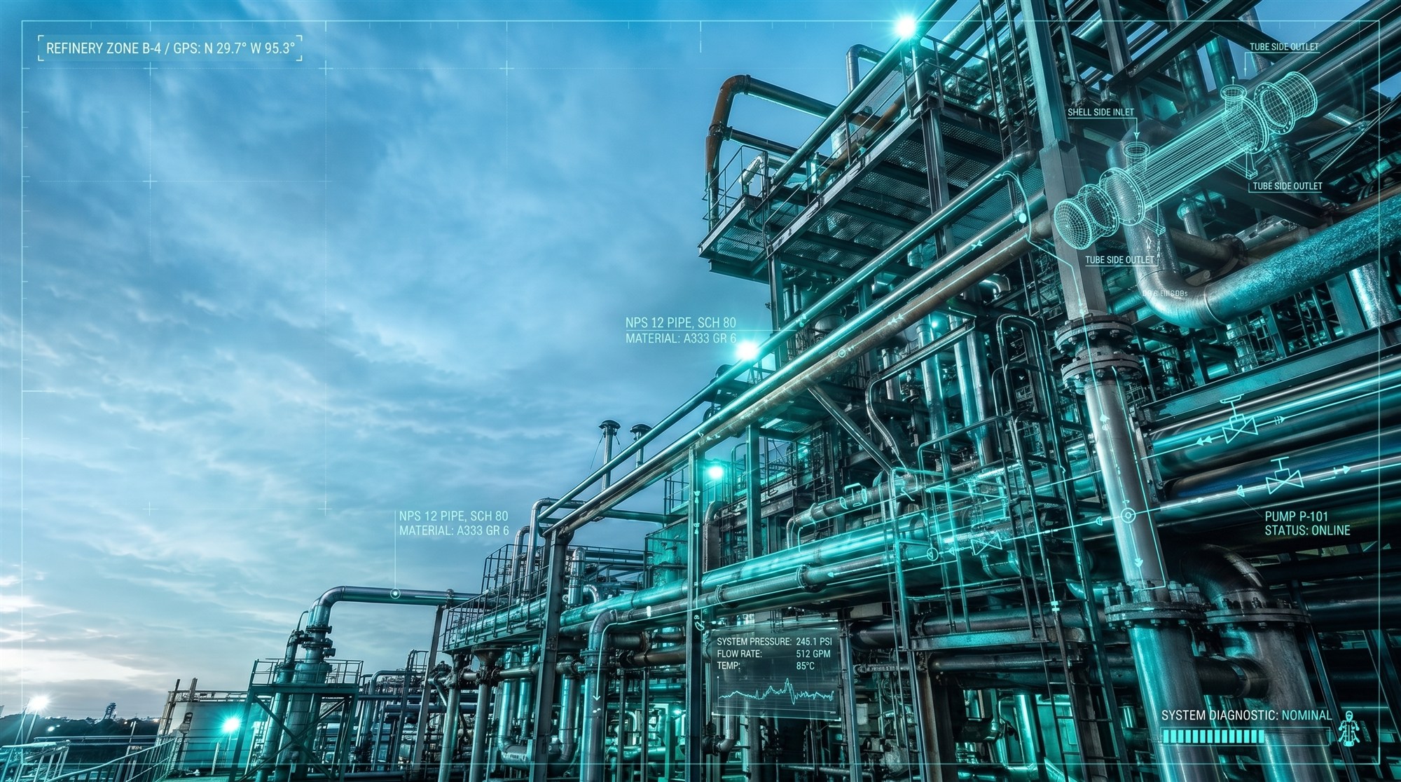 Wide view of an oil and gas processing facility at dusk